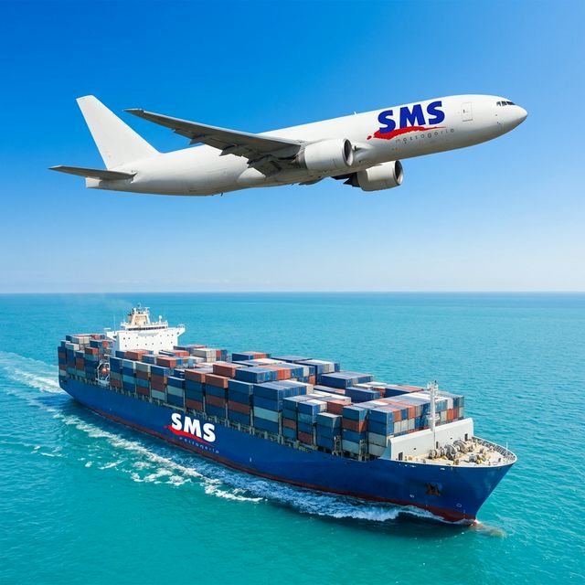 Livraison internationale SMS - Avion et bateau avec logo SMS