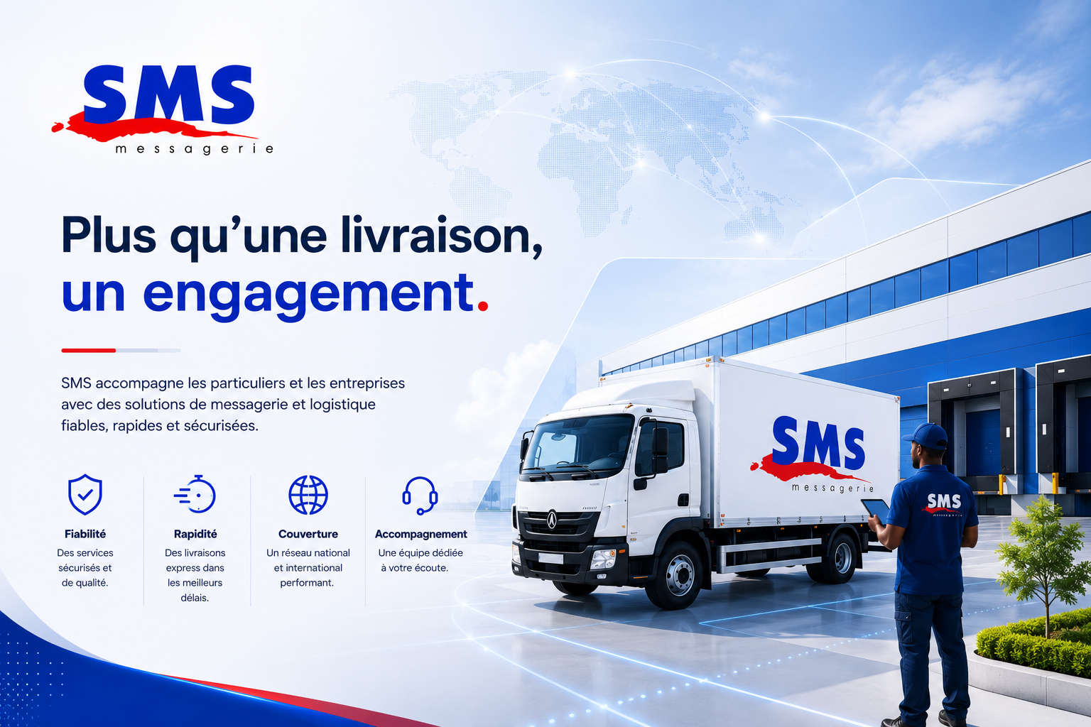 Employée SMS livrant un colis devant le véhicule SMS